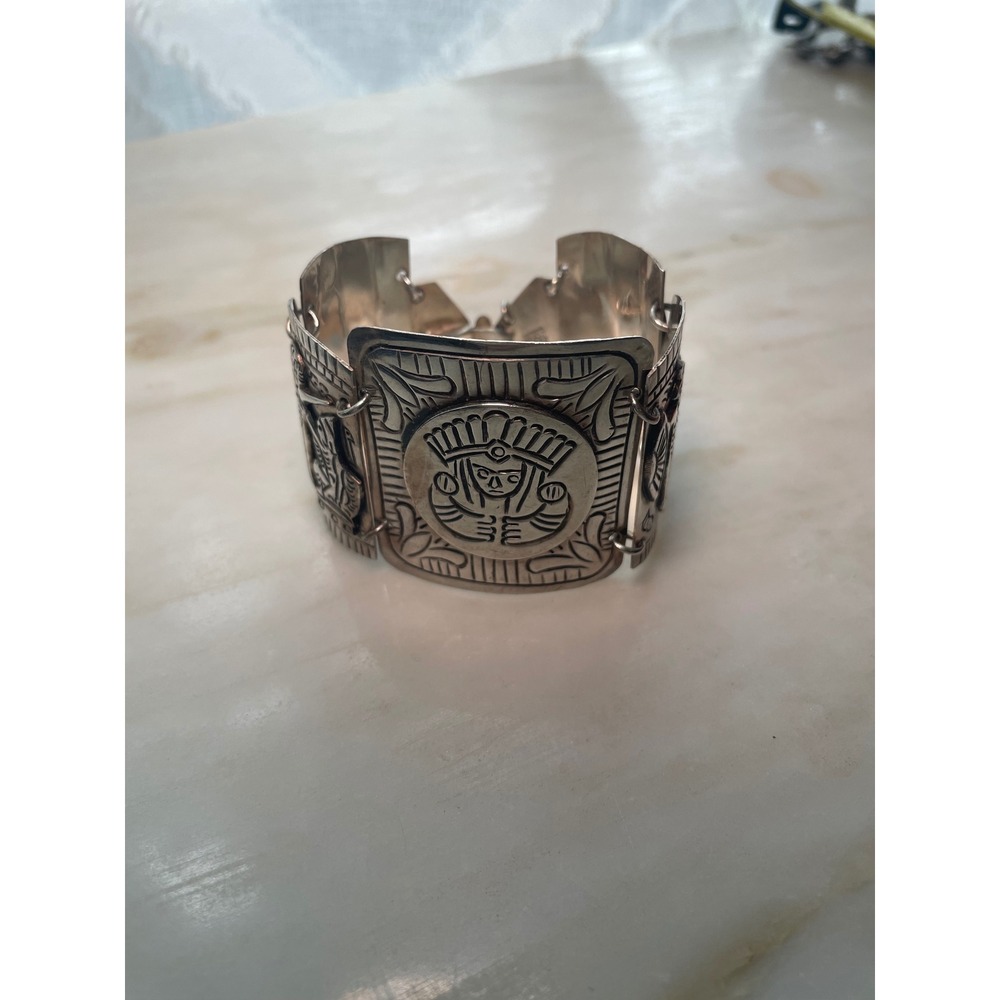 Vintage Mexican Sterling Silver Aztec Mayan Panel Bracelet Taxco Style 925 7.5"